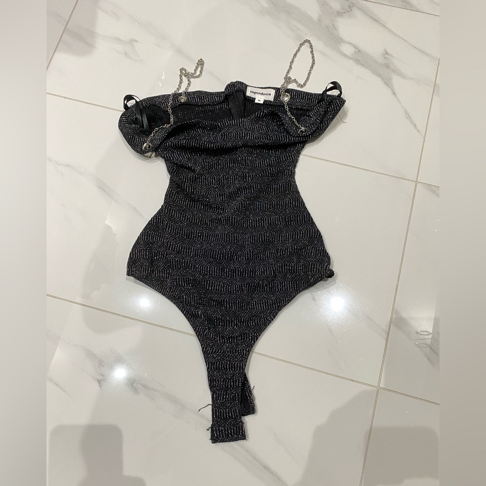 Superdown Black Off-Shoulder Bodysuit with Ruched Detail